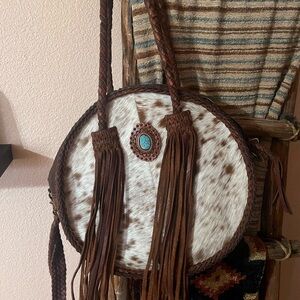 American Darling Brown and White Cowhide Fringe Bag